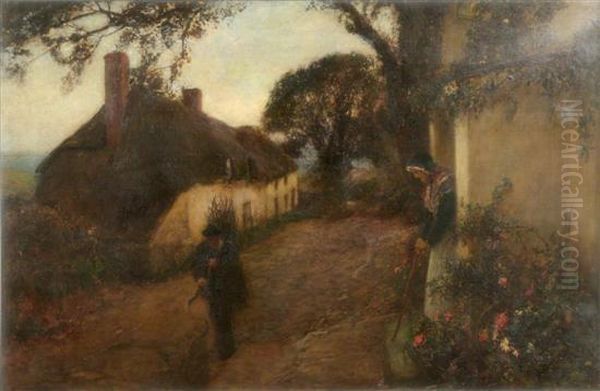 Figures On A Village Lane At Dusk Oil Painting by John White