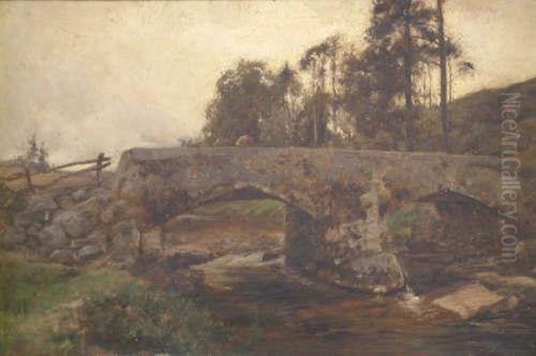 Figure On A Stone Bridge Signed 16 X 24in Oil Painting by John White