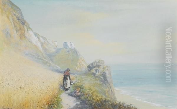 Mother And Child Picking Flowers, Branscombe, East Devon Oil Painting by John White