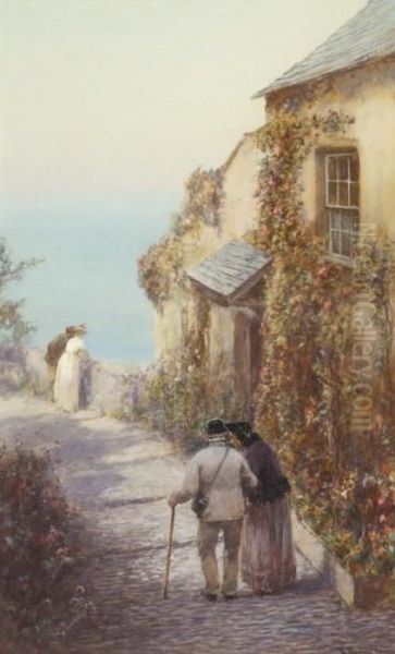 Figures Strollingbefore Clifftop Cottages Oil Painting by John White