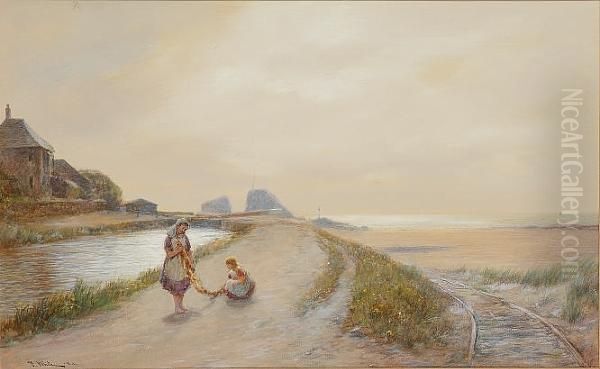 Young Girls By Bude Canal, Near Cornwall Oil Painting by John White