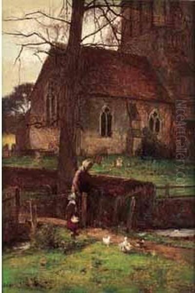 < Mere Et Enfant Devant L'eglise >. Oil Painting by John White