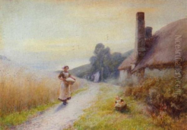 Devon Cliff (#) Outside The Cottage Oil Painting by John White