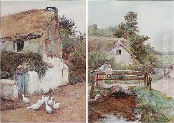 Feeding The Geese; Looking For Tiddlers Oil Painting by John White