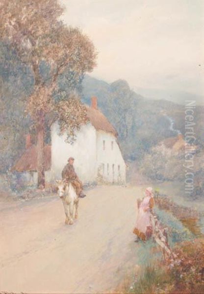 Figures And A Shire Horse On A Country Lane, Believed To Be Newtonpeppleford, Devon Oil Painting by John White