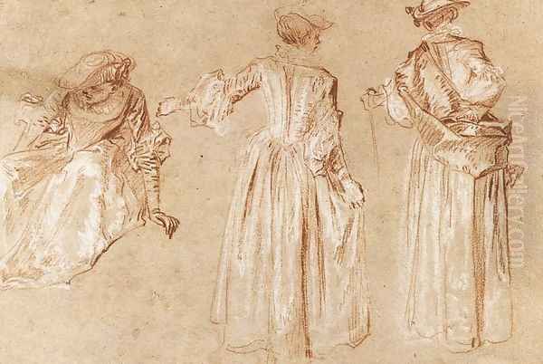 Three Studies of a Lady with a Hat c. 1715 Oil Painting by Jean-Antoine Watteau