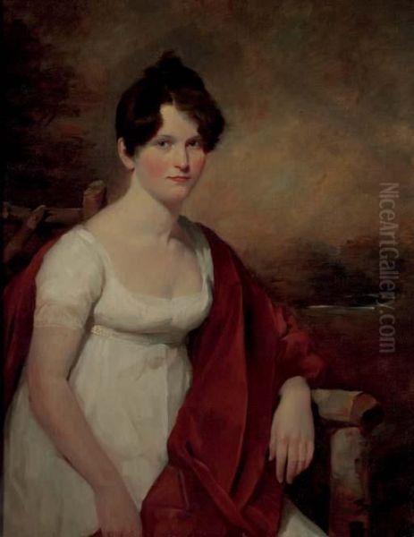 Portrait Of Mrs. Catherine Deas 
(nee Low), Three-quarter Length, In A White Empire Gown And Red Velvet 
Shawl, A Landscape Beyond Oil Painting by Sir David Wilkie