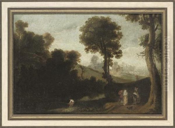 A Wooded River Landscape With An
 Angler In The Foreground, And Figures Conversing On A Path Oil Painting by Richard Wilson