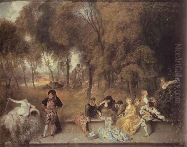 Reunion en plein air (Meeting in the open air) Oil Painting by Jean-Antoine Watteau