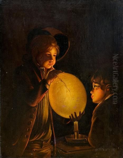 Bambini Gonfiano Una Vescica Al Lume Di Candela Oil Painting by Josepf Wright Of Derby