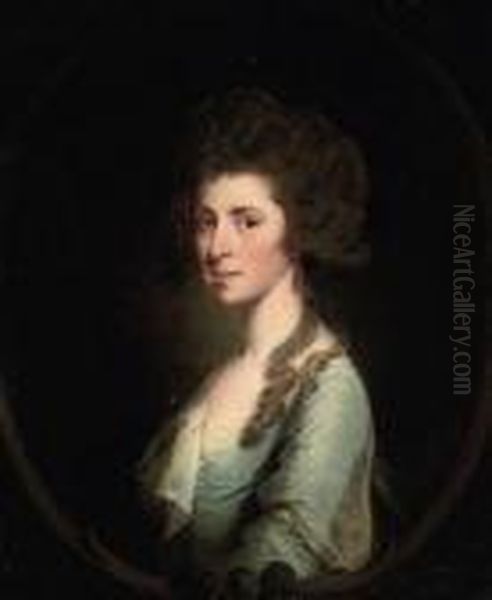 Portrait Of A Lady, Bust-length, In A Blue Dress, In A Feigned Oval Oil Painting by Josepf Wright Of Derby