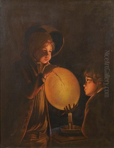 Two Boys By Candlelight, Blowing A Bladder Oil Painting by Josepf Wright Of Derby