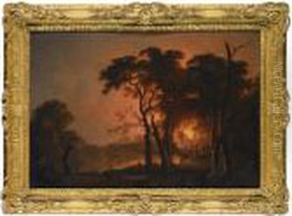 A Fire Seen Through Trees Oil Painting by Josepf Wright Of Derby