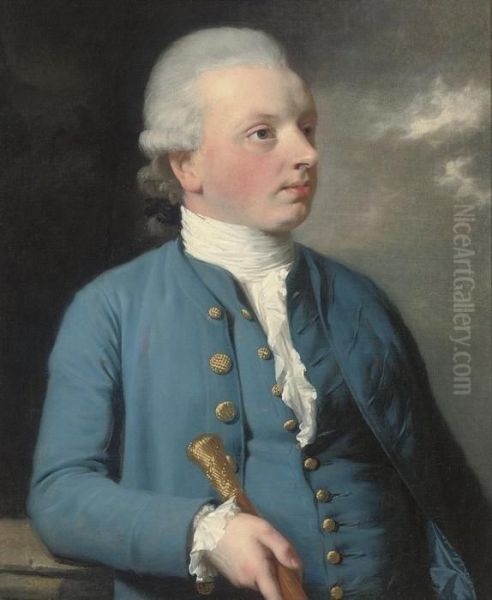 Portrait Of A Gentleman, 
Half-length, In A Blue Coat And Waistcoat, A Cane In His Right Hand Oil Painting by Josepf Wright Of Derby