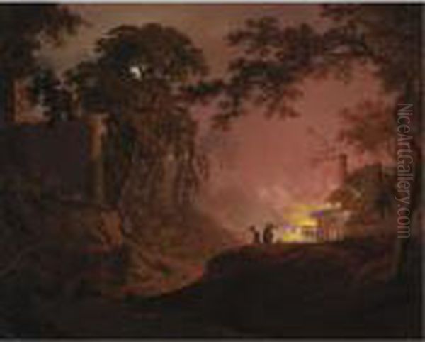 A Cottage On Fire: A Moonlit 
Landscape With Figures By A Burning Cottage And The Ruins Of A Castle 
Beyond Oil Painting by Josepf Wright Of Derby