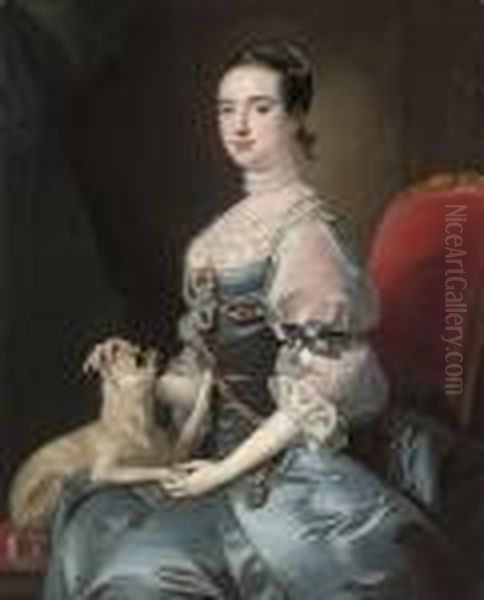 Portrait Of A Lady, 
Three-quarter-length, Seated In A Blue Satinjewelled Dress With Lace 
Sleeves And Collar, With A Pug Dog Oil Painting by Josepf Wright Of Derby