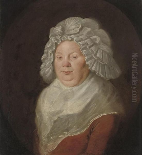 Portrait Of The Cook At The Bell
 Inn, Derby, Bust-length, In A Reddress With A White Collar And Cap, 
Feigned Oval Oil Painting by Josepf Wright Of Derby