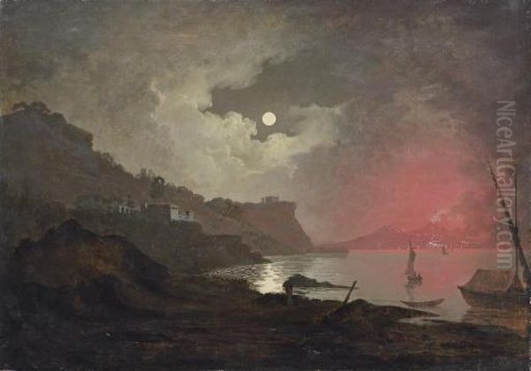 A View Of Vesuvius From Posillipo, Naples Oil Painting by Josepf Wright Of Derby