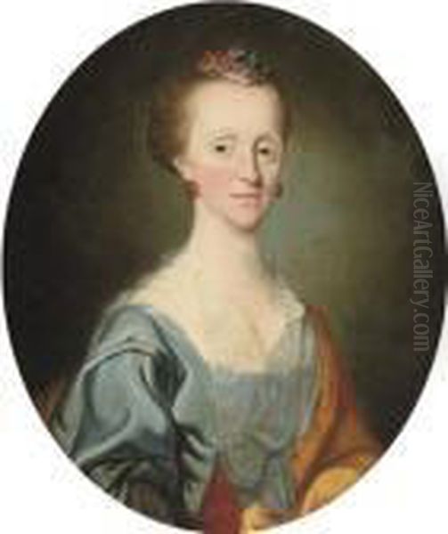 Portrait Of A Lady, C.1760, 
Bust-length, In A Blue Dress And Lace Fichou, With A Yellow Wrap And A 
Floral Hair-piece Oil Painting by Josepf Wright Of Derby