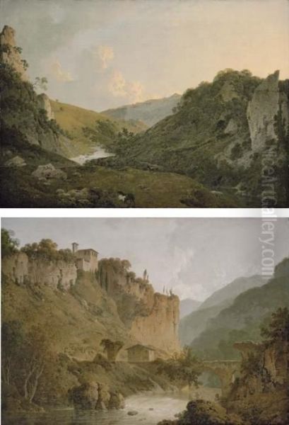 View In Dovedale, Derbyshire; 
And View Of The Convent Of San Cosimato And Part Of The Claudian 
Aquaduct Near Vicovaro In The Roman Campagna Oil Painting by Josepf Wright Of Derby