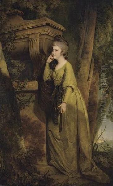 Portrait Of Dorothy Gell 
(1758-1808), Of Hopton, Full-length, In A Green Dress, Leaning Against A
 Sarcophagus, In A Landscape Oil Painting by Josepf Wright Of Derby