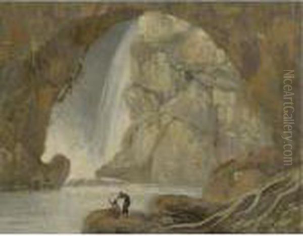 A Grotto With A Waterfall Oil Painting by Josepf Wright Of Derby