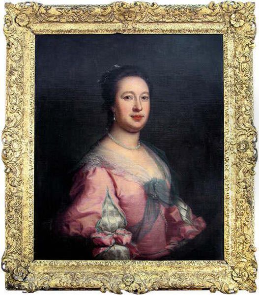 A Portrait Believed To Be Of 
Lucy, Countess Of Rochford Wearing A Pink And Blue Edged Satin Dress, 
Pearl Necklace And Earrings, Oval Oil Painting by Josepf Wright Of Derby