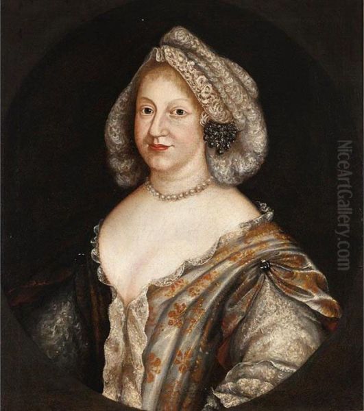 A Portrait Of A Lady Of Title, 
Said To Be Wilemine Ernestine Of Danmark, Electress Of The Palatine 
(1650-1706), In A Painted Oval Oil Painting by Josepf Wright Of Derby