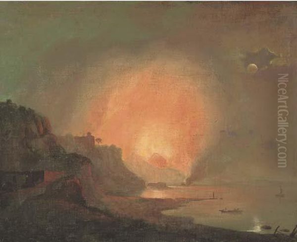 View Of Mount Vesuvius Erupting By Moonlight Oil Painting by Josepf Wright Of Derby