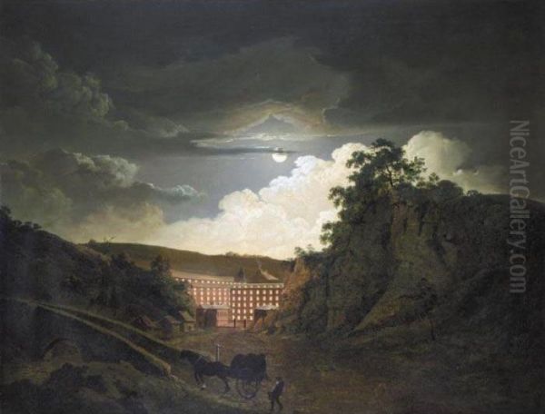 Arkwright's Cotton Mills By Night Oil Painting by Josepf Wright Of Derby