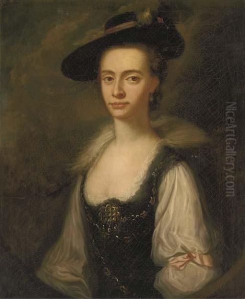 Portrait Of Anne Townley, Half-length, In A White Dress And Hat,feigned Oval Oil Painting by Josepf Wright Of Derby