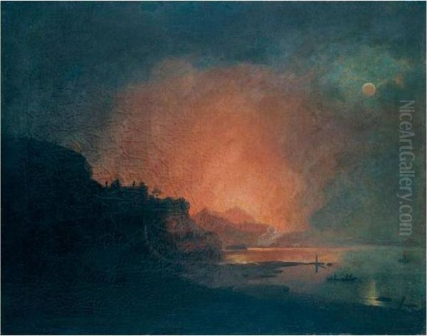 Vesuvius In Eruption Seen From Posillipo Oil Painting by Josepf Wright Of Derby