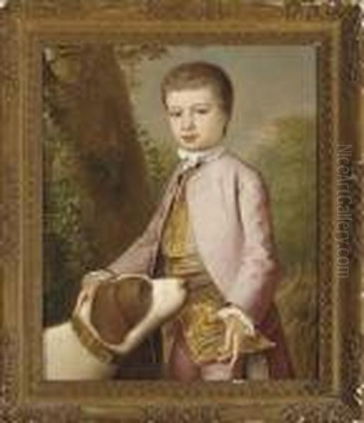 Portrait Of A Boy, 
Three-quarter-length, In A Pink Coat And Breeches, Resting His Hand On A
 Dog, Before A Wheat Field Oil Painting by Josepf Wright Of Derby