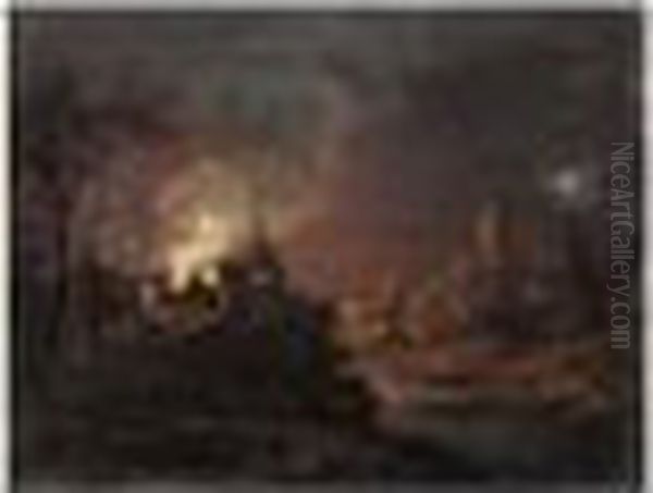 Incendie Au Clair De Lune Pres D'une Riviere Oil Painting by Josepf Wright Of Derby