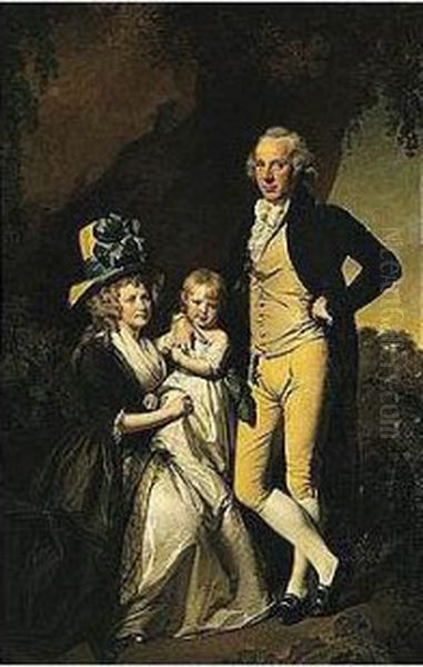 Portrait Of Richard Arkwright With His Wife Mary And Daughter Anne Oil Painting by Josepf Wright Of Derby