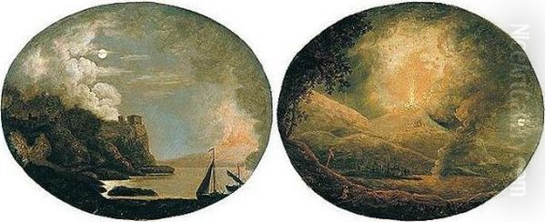 Vesuvius From Posillipo; And Vesuvius In Eruption Oil Painting by Josepf Wright Of Derby