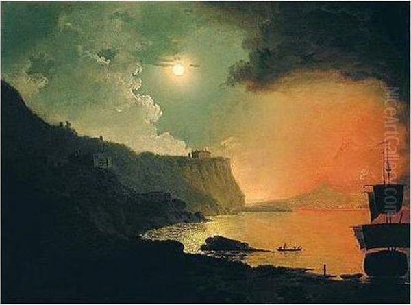 Vesuvius In Eruption Seen From Posillipo Oil Painting by Josepf Wright Of Derby