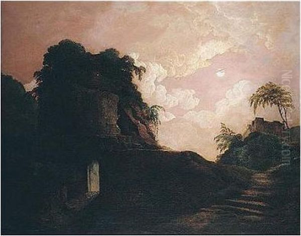 Virgil's Tomb By Moonlight Oil Painting by Josepf Wright Of Derby