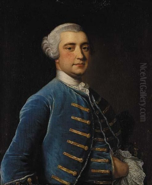 Portrait Of A Gentleman, Half-length, In A Blue Coat And Waistcoat Oil Painting by Josepf Wright Of Derby