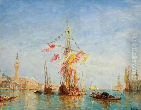 Voilier Pavoise Sur Le Grand 
Canal A Venise; La Fete De L'assomption [felix Ziem ; A Sailing Boat On A
 Feast Day On The Grand Canal In Venice ; Oil On Panel Signed Lower 
Right Ziem] Oil Painting by Felix Ziem