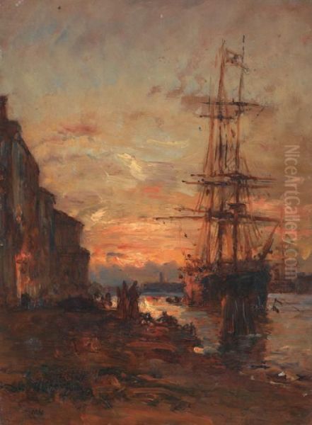 Voilier A Quai A Venise Oil Painting by Felix Ziem