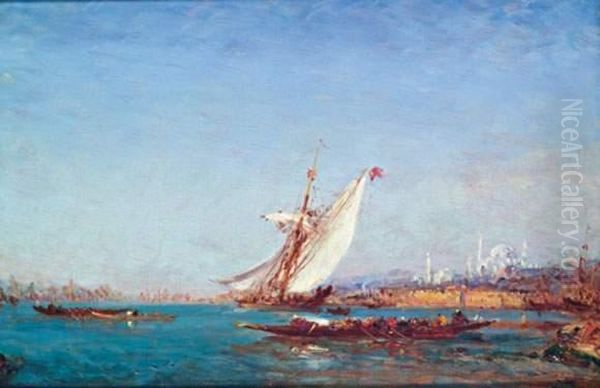 Voilier Et Regates Sur Le Bosphore
 Huile Sur Panneau, Signee En Bas A Droite Oil Painting by Felix Ziem