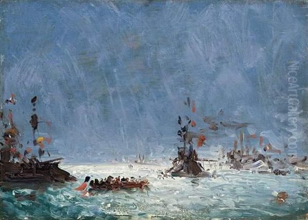 Bateaux De Guerre Dans La Rade De Villefanche. Oil Painting by Felix Ziem