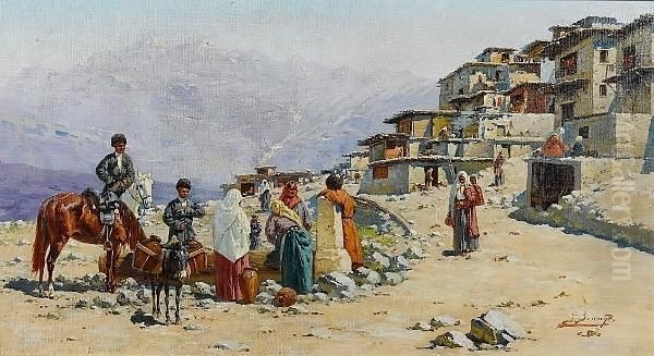 Caucasian Village Scene Oil Painting by Richard Karlovich Zommer