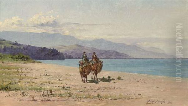 Camel Riders By The Shore Of Lake Kardyvatch In The Caucasus Oil Painting by Richard Karlovich Zommer