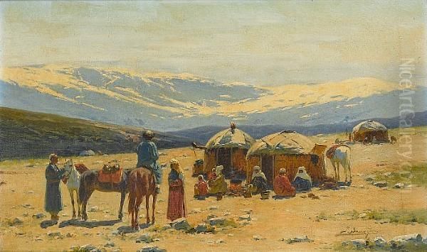 Kirghiz Nomads Before The Mountains Oil Painting by Richard Karlovich Zommer