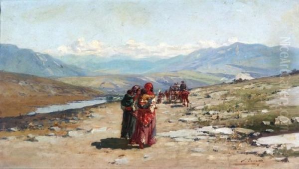 Travellers In The Mountains Oil Painting by Richard Karlovich Zommer