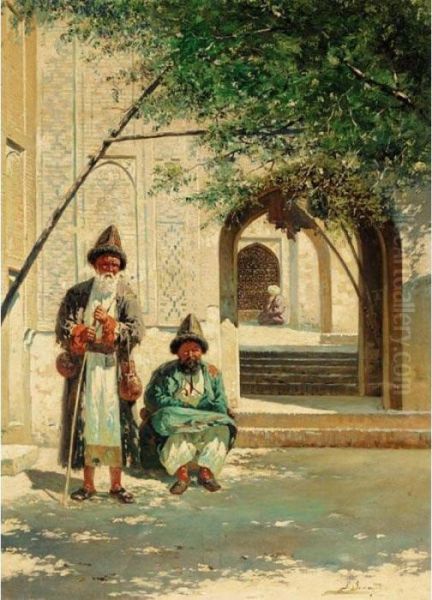 Travellers Outside A Mosque Near Samarkand Oil Painting by Richard Karlovich Zommer