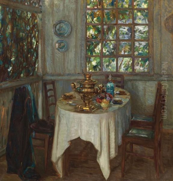 Interior With Samovar Oil Painting by Stanislaw Zukowski