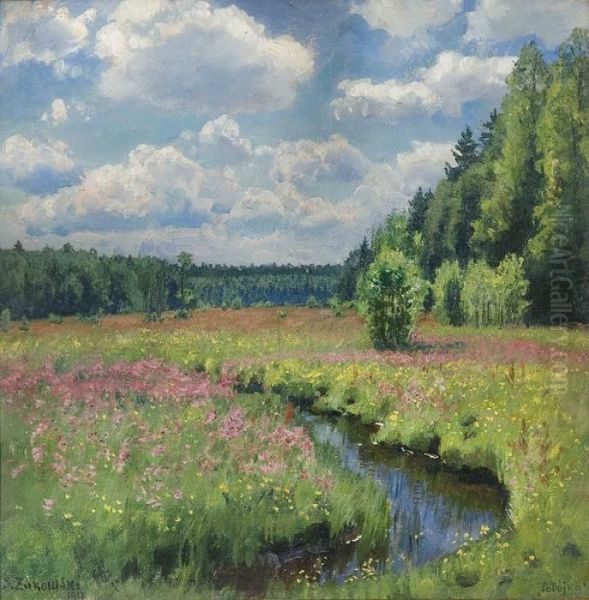 River Through Meadow Oil Painting by Stanislaw Zukowski